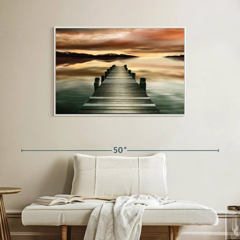 Jetée au coucher du soleil, Cadre flottant blanc, 40 po x 27 po