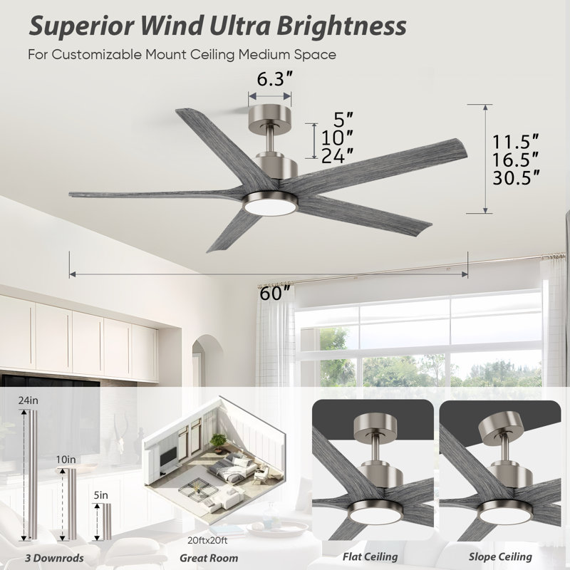 Modern 5 Blade Wood Ceiling Fan With Integrated Light, Black, 60", Brown