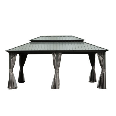 Gazebo de 3,65 m x 5,50 m avec toit en acier galvanisé et structure en aluminium - Idéal pour patio, terrasse, pelouse, jardin - Gris - Intégré dans le jardin