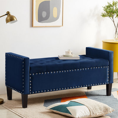 Banc de rangement rembourré capitonné à boutons avec garniture cloutée - Banc d'entrée en velours avec accoudoirs, Siège rembourré moelleux - Compartiment de rangement caché, Pieds en bois espresso - Siège en bout de lit, Décoration de salon, 48 po de largeur