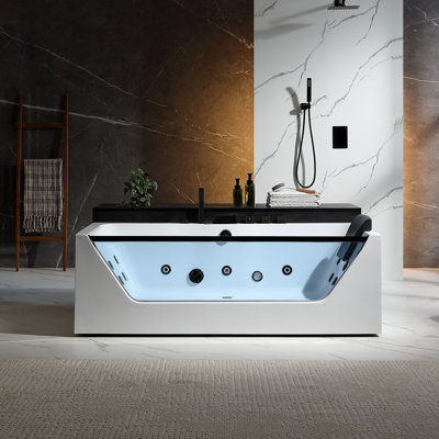 71 In. Whirlpool Bathtub Rectangular Hydrotherapy Jetted Spa Bath Tub With Center Drain - Black Tub Filler In White