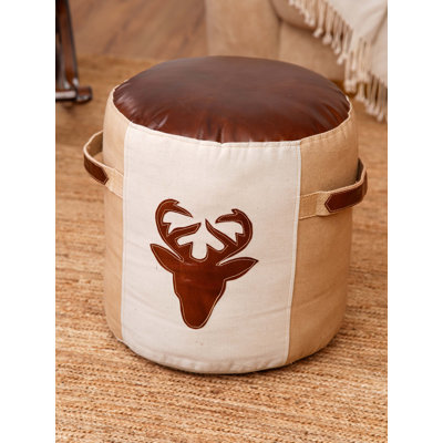 Handmade Eco-friendly Round Shaped Stuffed Canvas Leather Beige Gray Pouf 18x18x18