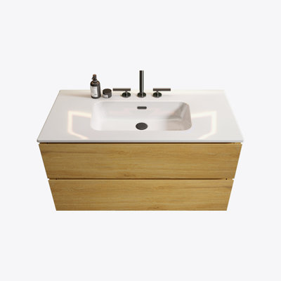 Meuble-lavabo mural 36 po en noyer avec lavabo en céramique et trois trous de robinet, grand meuble-lavabo flottant de rangement pour salle de bain moderne, pré-assemblé