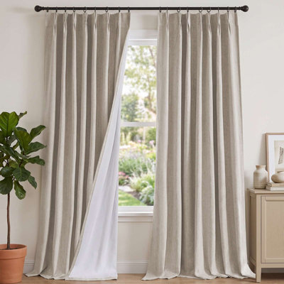 Linen Blended Chenille Blackout Curtains, 2-Panel Pinch Pleated Thermal Drapes