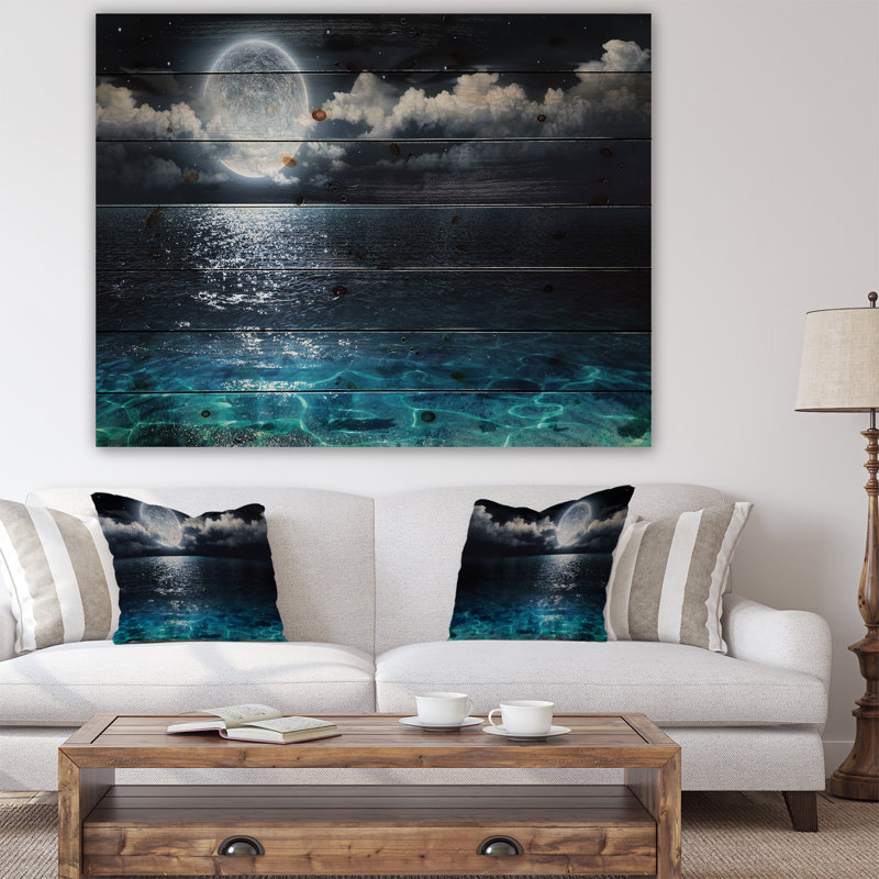 Pleine lune romantique au-dessus de la mer - impression, H 34 po x l 44 po, Bois