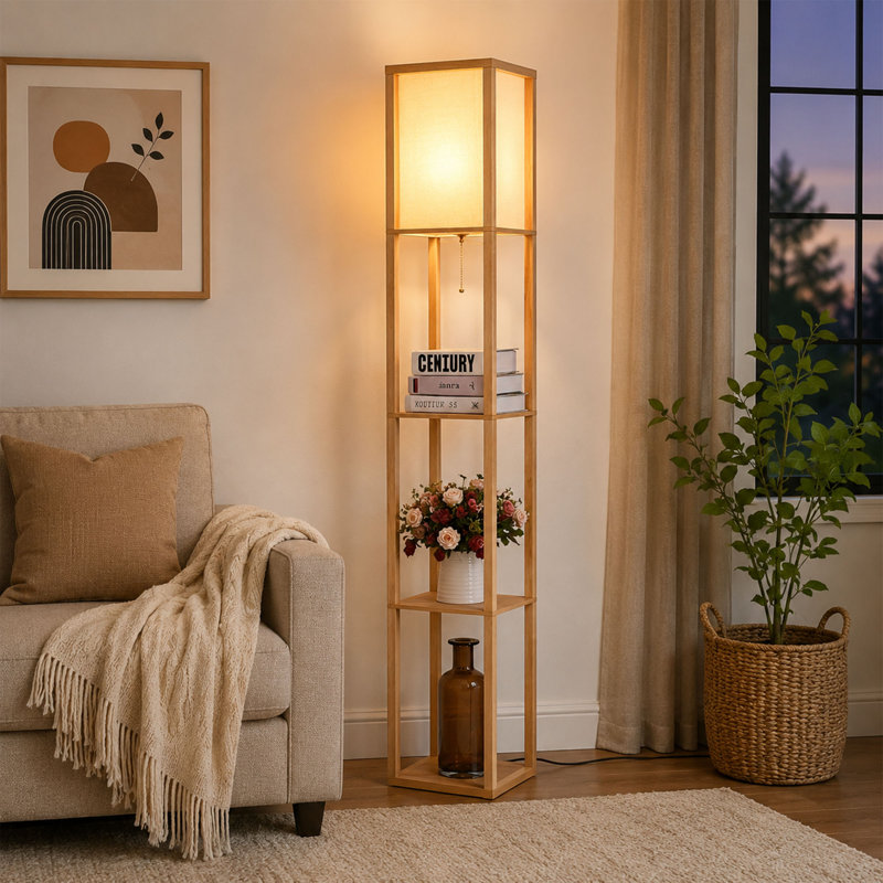 Modern Shelf Floor Lamp with 3 Tier Storage and LED Light
