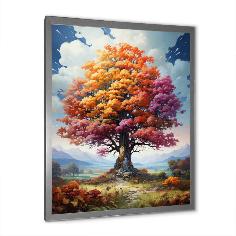 Glorious Autumn Tree in the Countryside - reproduction d'art sur toile, H 44 po x l 34 po x P 1,5 po, Cadre simple argenté