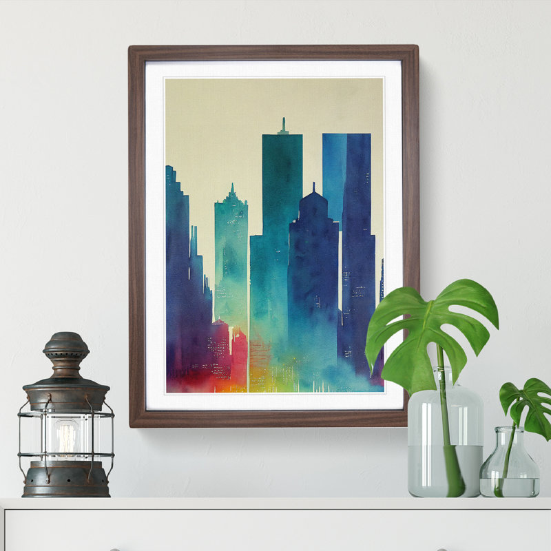 City Skyline Watercolour No.7 Abstract 1 Piece Single Picture Frame Painting, 46cm H x 34cm W x 2cm D, Walnut