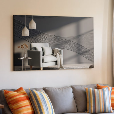 Toile Une scène d'intérieur minimaliste moderne avec un élégant fauteuil mural gris clair avec des coussins moelleux et un jeté douillet