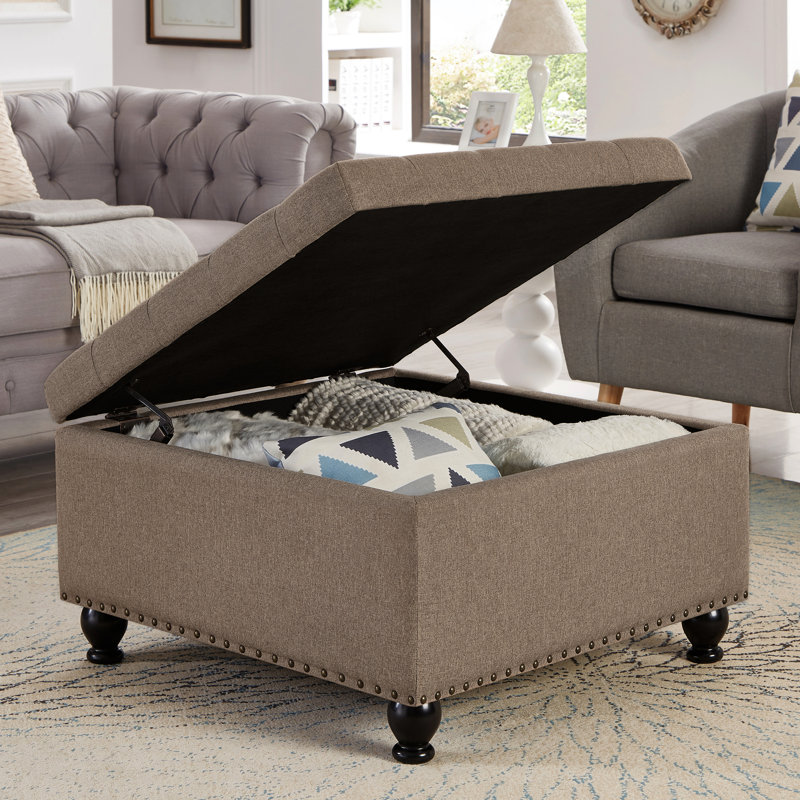 Large Square With Soft Fabric And Wood Legs For Home Linen Upholstered Internal Compartment Style, Linen