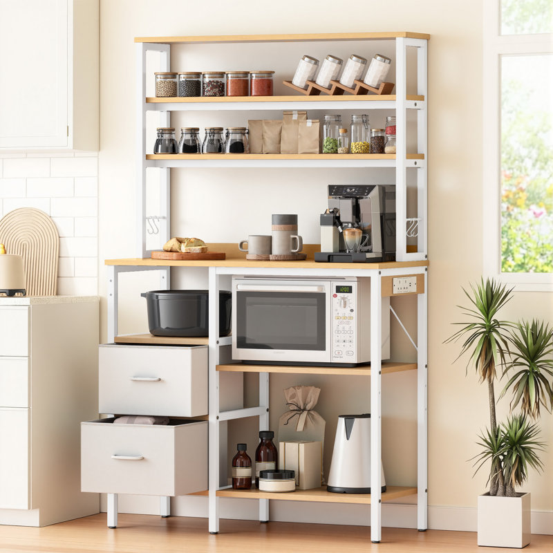  Baking Rack With Power Outlets & Fabric Drawers, Kitchen Shelf For Baking & Coffee Station, White