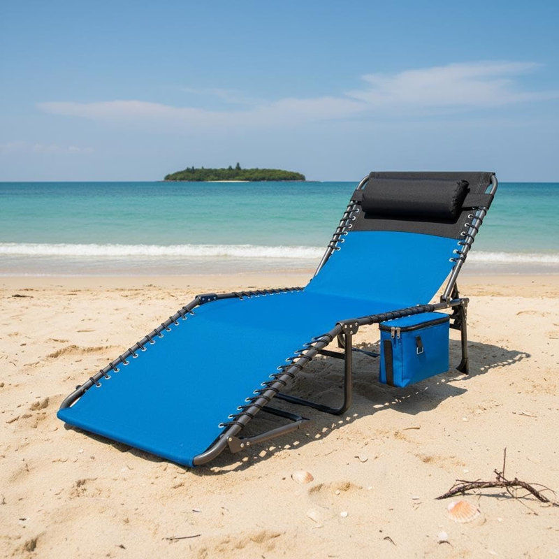 Chaise Lounge Chair Outdoor, 5-Position Adjustable Sun Tanning Chair with Carrying Handle and Side Pocket, Folding Bed Cot with Removable Pillow for Garden, Beach, Patio, Pool, Camp