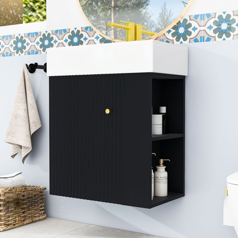 Meuble-lavabo flottant chic avec lavabo en céramique et rangement à droite, Noir