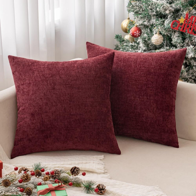 Pack Of 2 Christmas Wine Couch Throw Pillow Covers Soft Chenille Pillow Covers For Sofa Living Room Solid Dyed Pillow Cases