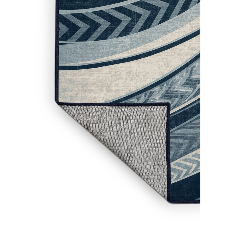 Machine Washable Hamilton Tawhiri Art Deco Arc Rug in Gray – Navy Binding, 5x8