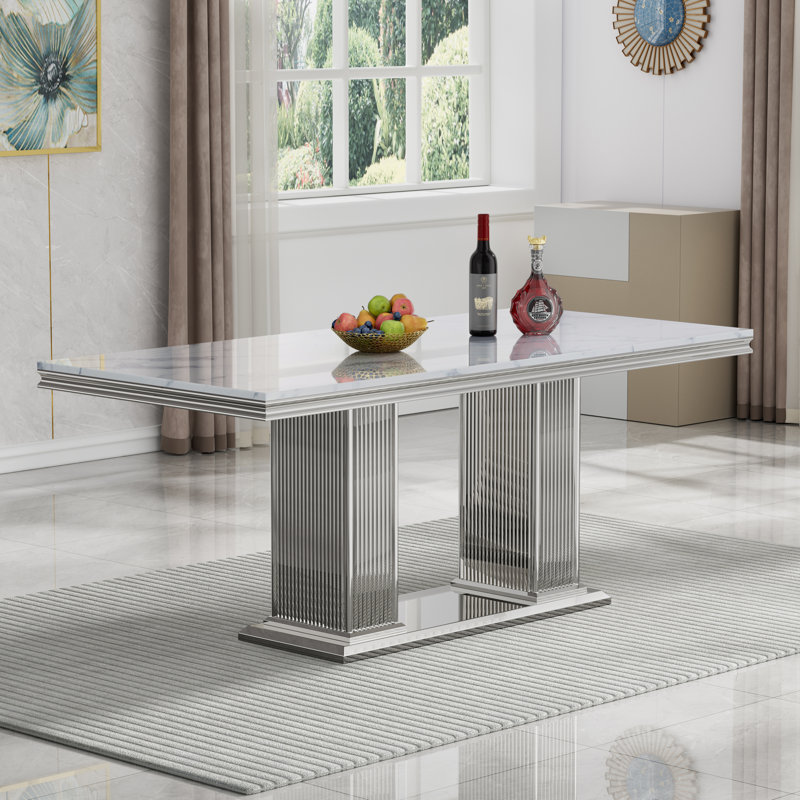 68.11" Marble Dining Table for 6-8, Modern Rectangular Kitchen Table with Faux Marble Top, Modern Dining Room Table with Stainless Steel Base for Kitchen Dining Room