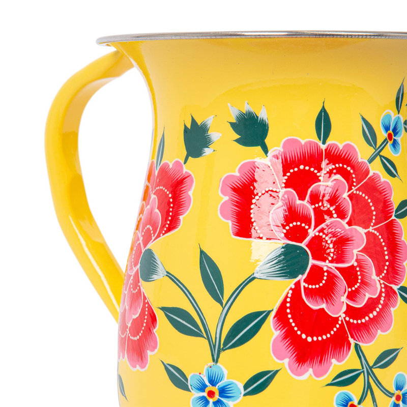 East Urban Home Hand-Painted Picnic Water Jug with 400ml Cups - 1.7L - Ocean Peony, Yellow