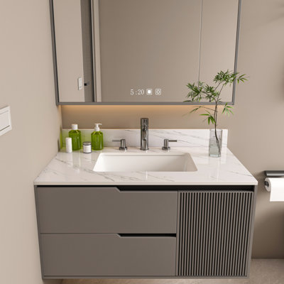 Dessus de meuble-lavabo en marbre, comptoir avec trous de robinet pré-percés, comptoir de salle de bain avec lavabo central encastré rectangulaire et Bianco Carrara Venato