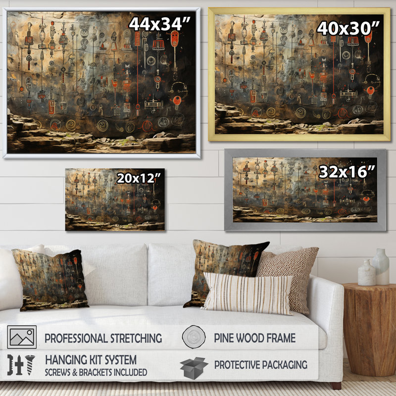 "Native Art", "Petroglyphs I" encadré sur toile, Cadre flottant noir, H 12 po x l 20 po x P 1 po