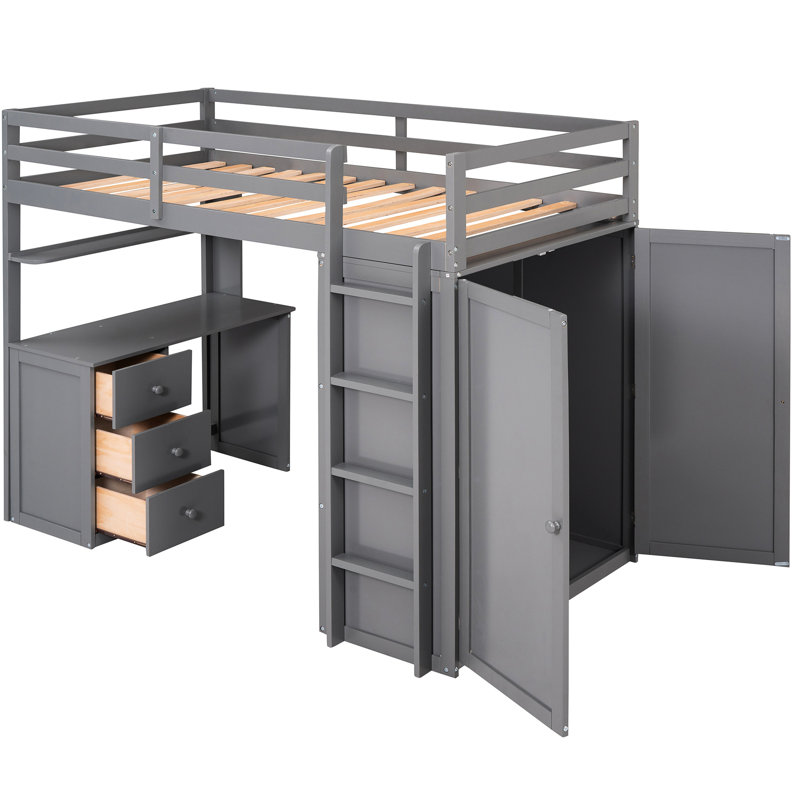 Lit mezzanine simple gris avec compartiments à tiroirs, bureau pour ordinateur portable et garde-robe. Fabrication solide pour la durabilité. Maximisez la surface de la chambre à coucher. Pas de sommier tapissier requis, tiroirs de rangement, bois de bureau. Marque