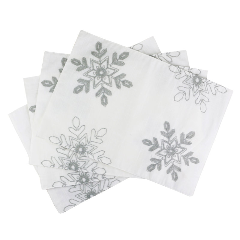 Napperons en flocons de neige brodés argent et blanc, ensemble de 4