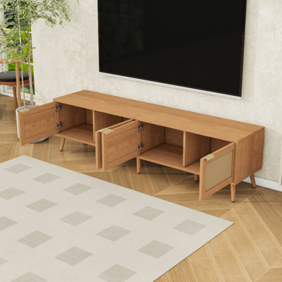 TV Stand with Rattan Doors, Cabinets, Cable Management and Sturdy Legs