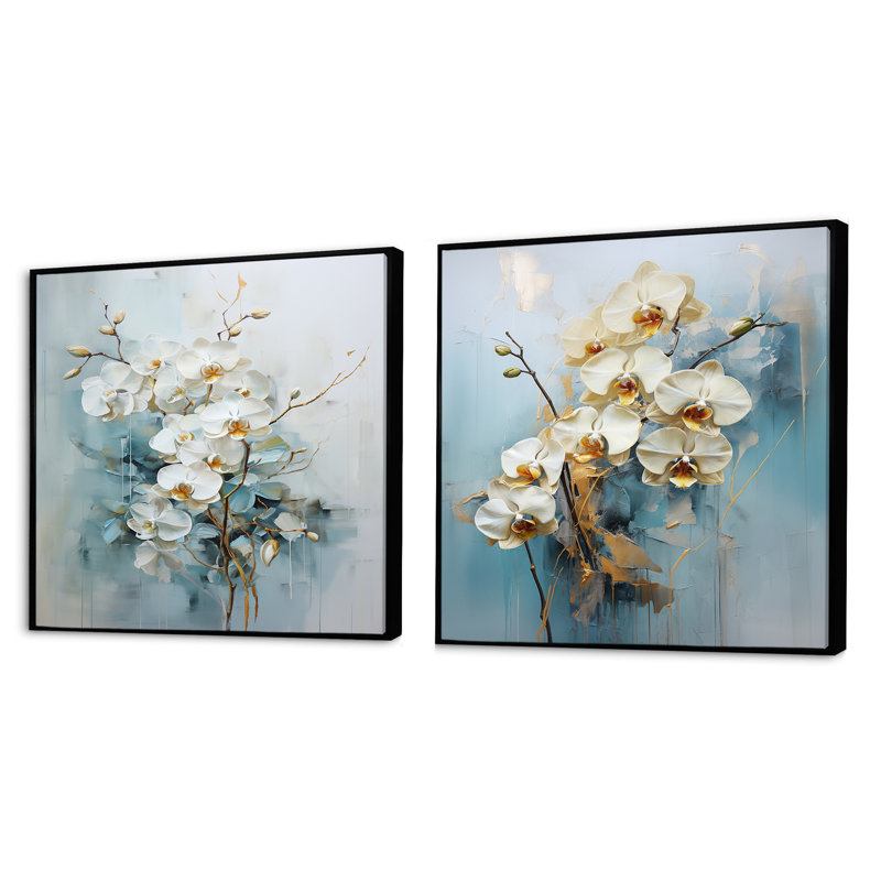 Orchidée beige et or - Élégance florale - Ensemble de 2 orchidées carrées, Cadre flottant noir, H 16 po x l 33 po