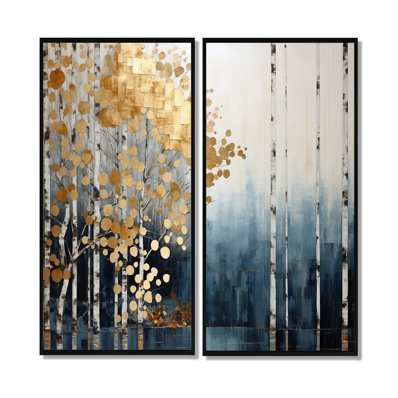 Minimalisme bleu et forêt dorée - impressions sur toile beige sur 2 panneaux, H 20 po x l 24 po, Noir