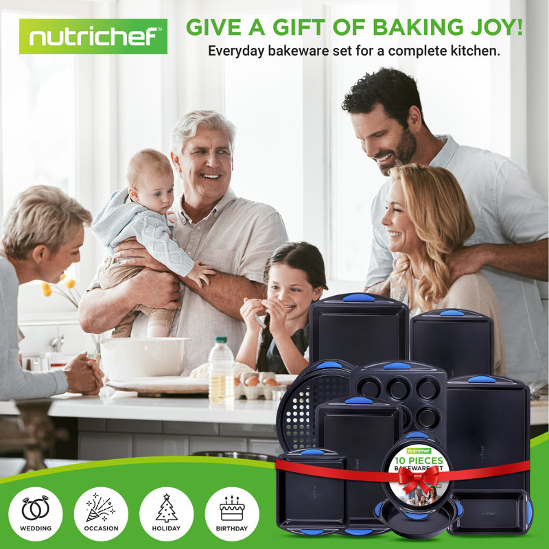 NutriChef 10-Piece Blue Carbon Steel Nonstick Bakeware Set with Silicone Handles