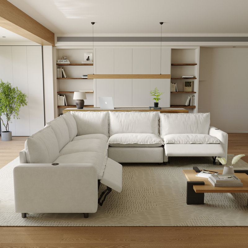 Canapé modulaire inclinable électrique en lin 5 pièces avec siège chauffant et sans gravité Moncada, Lin beige