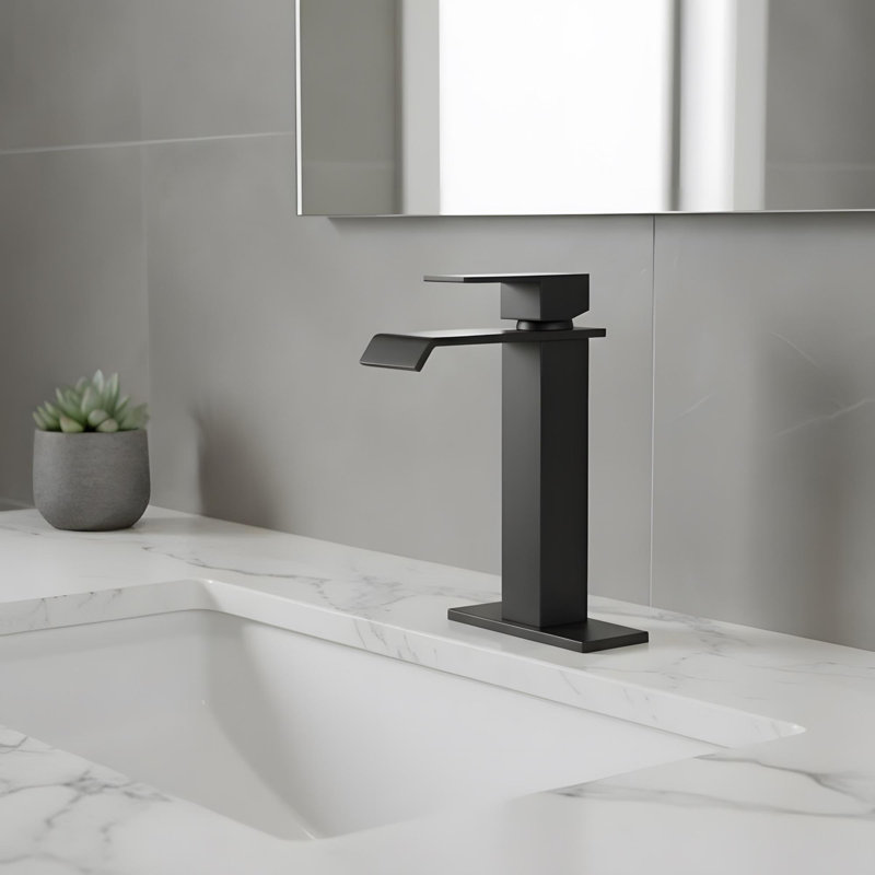 Robinet de lavabo pour salle de bain avec cascade et drain escamotable, Noir mat