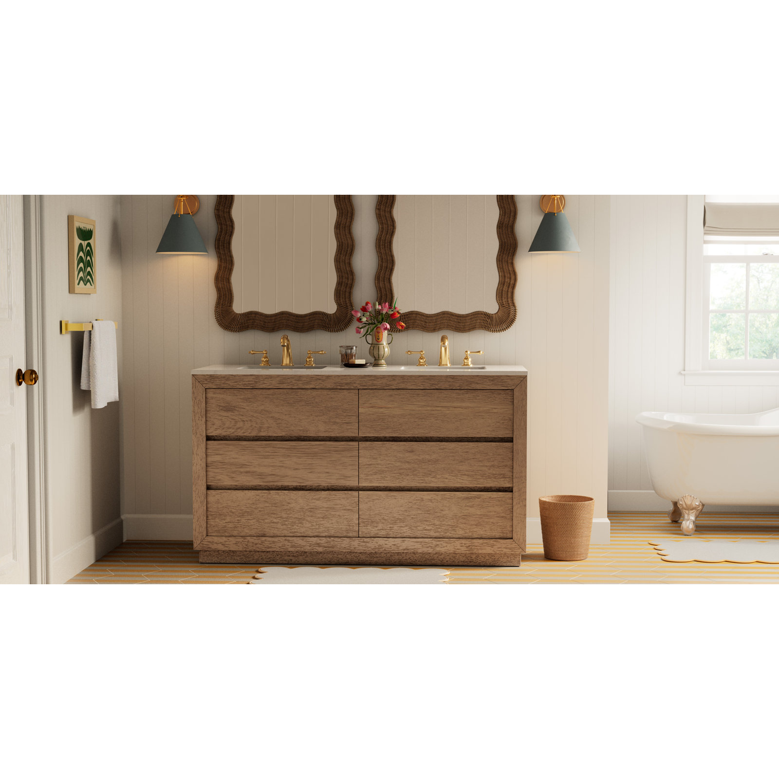 Dian 54" Freestanding Soaking Cast Iron Bathtub, Brushed Nickel, White Interior with White Exterior