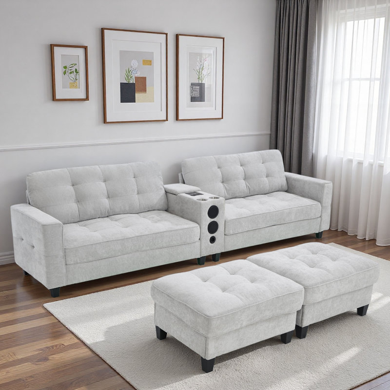 Canapé modulaire moderne en forme de U avec repose-pieds de rangement mobile, console multifonctionnelle, haut-parleurs Bluetooth et lumières à DEL