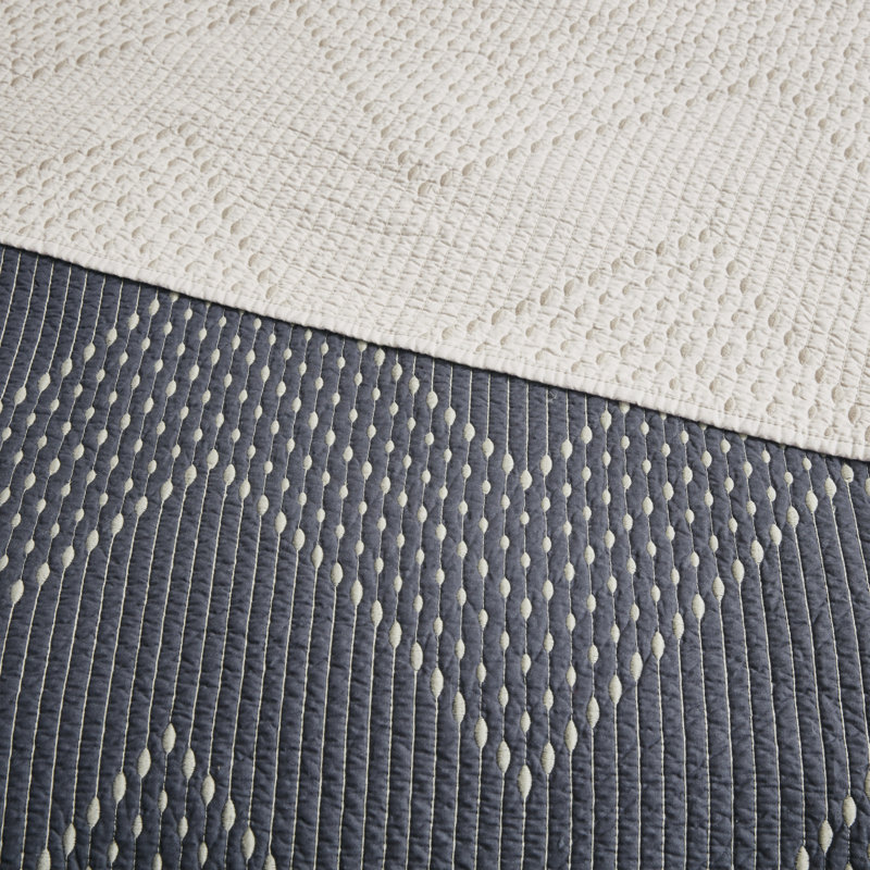 Navy Cotton King Reversible Quilt Set with Chevron Design