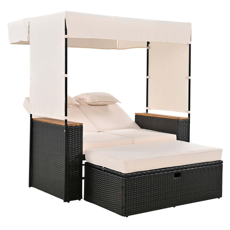 Outdoor Rattan Daybed With Multiple Functions And Comforts, Beige, Black