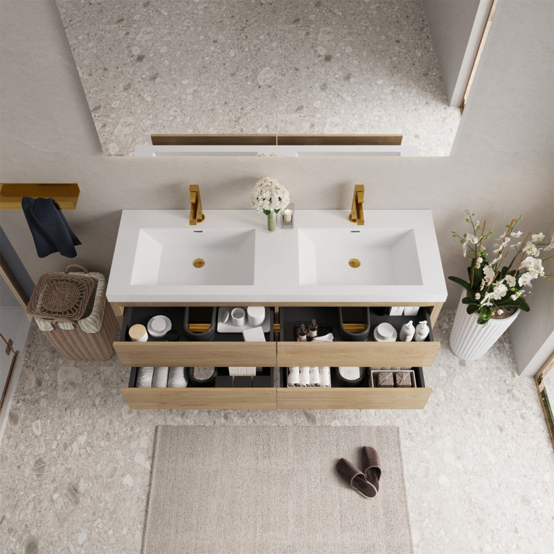 Meuble-lavabo mural 60 po avec lavabo double, meuble de rangement flottant et comptoir en pierre