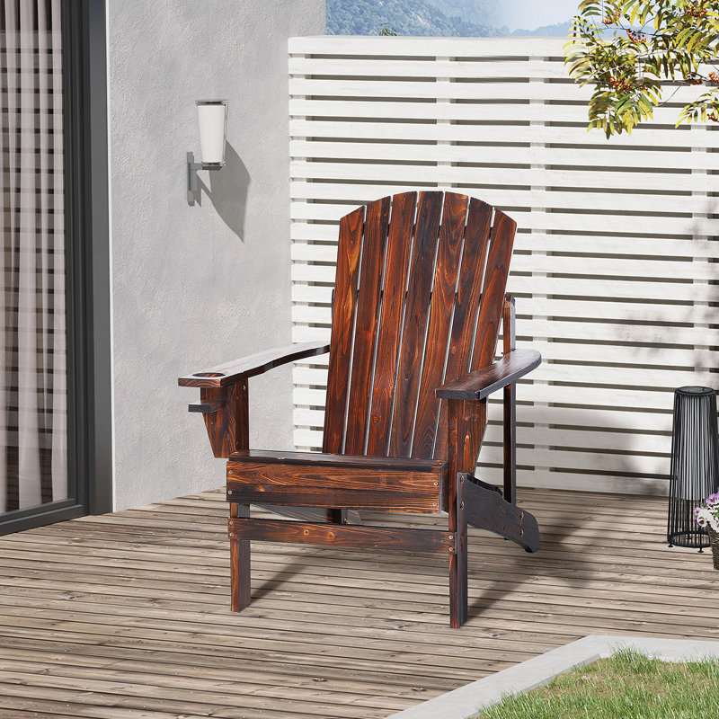 Wooden Chair - Brown, Weather , Cup Holder, Suited For Patio, Deck, Garden, Backyard Fire Pit Area Brown Holder Supplied Outdoor Reanimation Areas In Backyard,