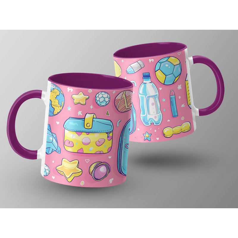 Kids Drawing Style 11oz Accent Mugs – Ceramic Coffee Cup with a Purple Handle and Interior