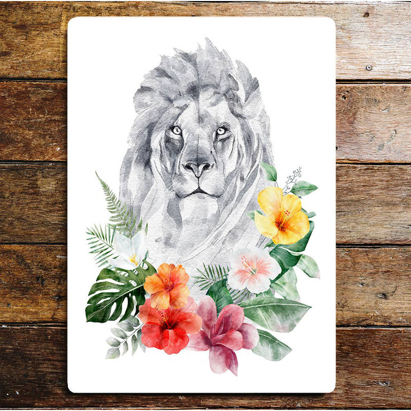 Lion Watercolour Animal Flower Metal Wall Sign Plaque, 40cm H x 28cm W