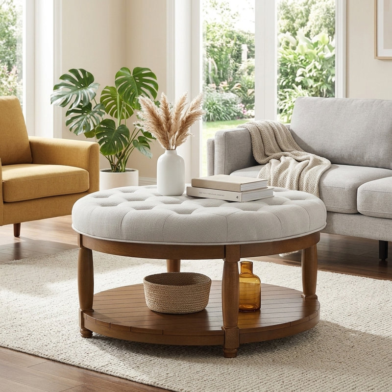Table basse ronde pouf FFZ 32,5 po en lin capitonné avec tablette de rangement en bois, couleur ivoire, White