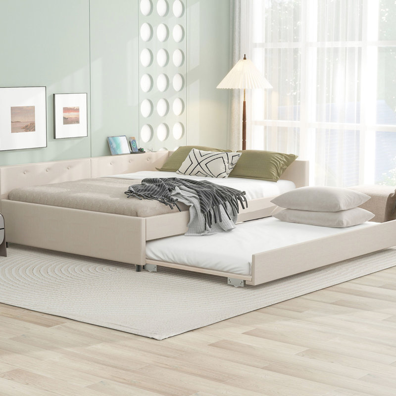 Grand lit avec lit gigogne simple beige et cadre décoratif pour chambre à coucher, Grand lit