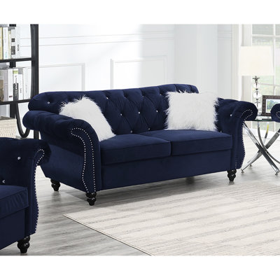 Indigo en velours à 2 places avec coussins et silhouette classique, style traditionnel pour la maison, garniture cloutée argentée luxueuse de 77 po x l 34 po x H 37 po, incluse