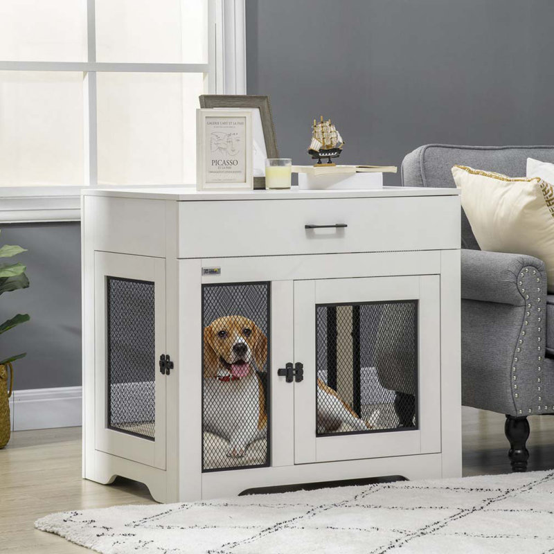 Mobilier de cage pour chien, table de bout avec tiroir, cage pour chiots pour petits chiens à l'intérieur avec 2 portes