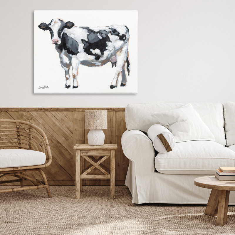 Vache laitière sur toile blanche, design par Sara Baker, H 24 po x l 30 po