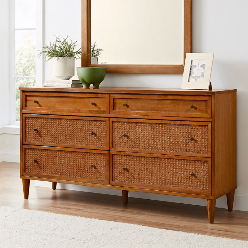 Commode double à 6 tiroirs en bois massif de style Mid-Century moderne 59,1 po Ing Abraham
