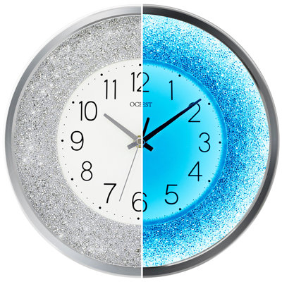 12" Silver Glam Wall Clock with Sound-Activated LED Night Light, Silent Battery Operated Clock for Bedroom, Bathroom and Vanity