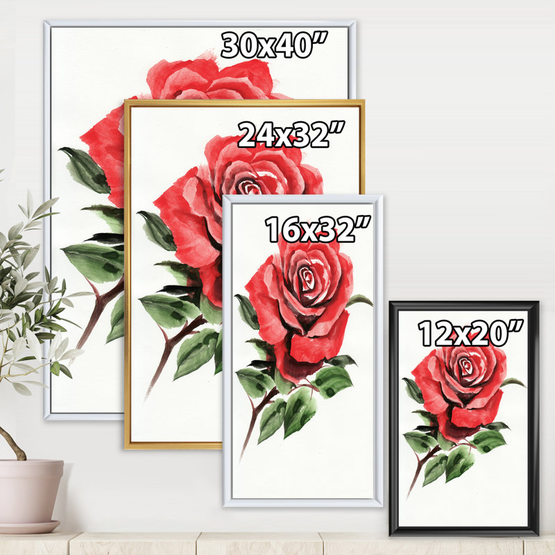 «Vintage Red Rose Flower III», reproduction sur toile, H 32 po x l 16 po x P 1 po, Toile blanche encadrée