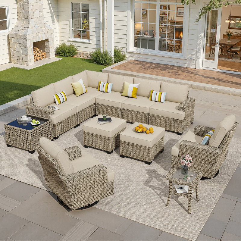 Tommy Wicker 10 - Person Outdoor Wicker Patio Conversation Furniture Set With Rocking Swivel Chairs, No, Beige