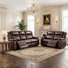 Ensemble de 2 fauteuils inclinables en similicuir brun foncé avec console centrale et porte-gobelets + causeuse entièrement assemblés