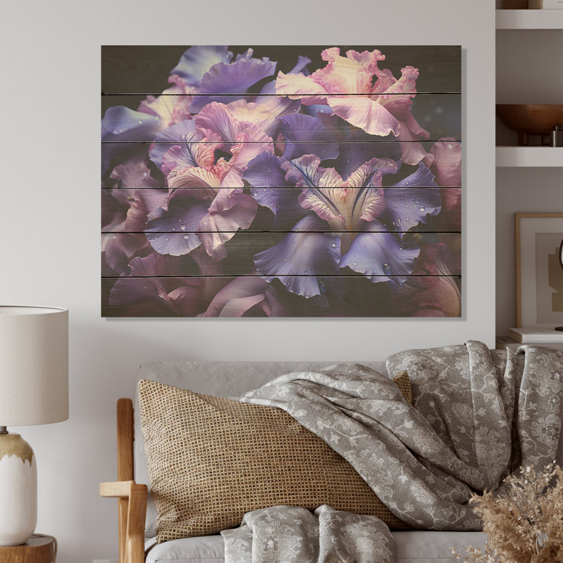 Minuit mauve iris sérénité dévoilé - iris, art mural sur bois de pin naturel, H 30 po x l 40 po